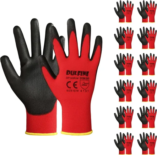 Miniatura 7 de DULFINE Guantes de trabajo de seguridad con revestimiento de poliuretano para hombres y mujeres - 12 pares, guante de punto sin costuras negro