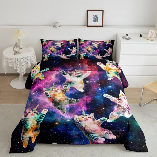 Miniatura 19 de Feelyou Juego de edredón para niños, diseño de gatos de dibujos animados, tamaño twin, lindo juego de ropa de cama de gatitos para adolescentes