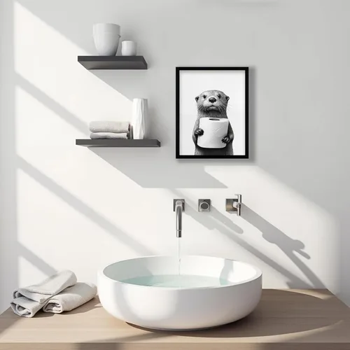 Miniatura 2 de Arte de pared enmarcado para baño, arte de pared divertido para decoración de baño, impresiones artísticas de animales de foca sosteniendo pañuelo