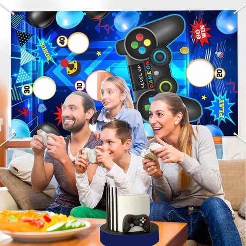 Miniatura 4 de Videojuegos de lanzamiento, control de videojuegos de nivel, telón de fondo con 3 bolsas de frijoles para niños, suministros de fiesta
