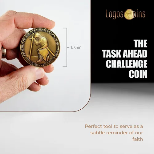 Miniatura 3 de The Task Ahead Coin, paquete a granel de 10, I Can Do All Things, monedas de desafío, chapado en oro antiguo, con un caballero templario arrodillado