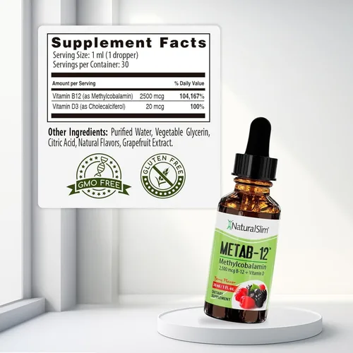 Miniatura 2 de NaturalSlim Vitaminas B12 líquidas con vitamina D - Metab-12 metilcobalamina 2500 mcg B12 gotas sublinguales para metabolismo, energía y apoyo