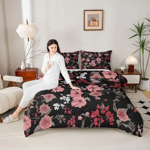 Miniatura 4 de Erosebridal Juego de edredón de flores tamaño individual, ropa de cama floral roja para el día de San Valentín para mujeres y niñas