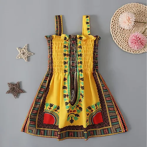 Miniatura 2 de Noubeau Vestido Dashiki africano para niñas pequeñas, vestido de tirantes con volantes, estilo étnico bohemio, ropa de verano para bebé niña