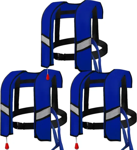 Paquete de 3 chalecos salvavidas inflables automáticos 150N – Chaleco de natación de nailon ajustable con inflado de CO2, tiras reflectantes y Azul