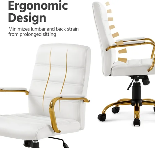 Miniatura 5 de Topeakmart Silla de escritorio de oficina Silla ejecutiva de cuero sintético ajustable con marco dorado asiento blanco Blanco y dorado