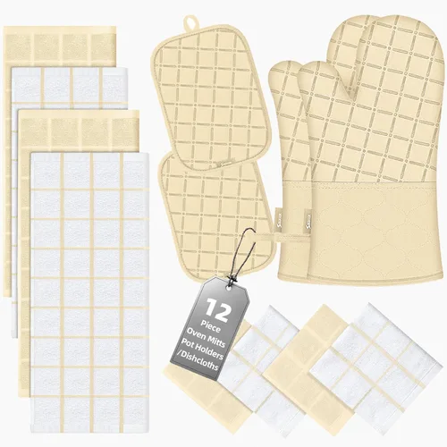 Juego de agarraderas para horno y paños de cocina/Toallas de cocina y paños de limpieza, guantes de horno y toallas de cocina de 500 grados Beige
