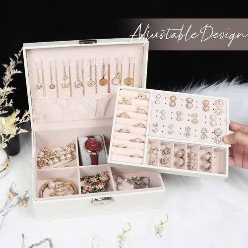 Miniatura 26 de Joyero para mujeres y niñas, contenedor organizador de joyas de 2 capas con cerradura, estuche de almacenamiento de piel sintética con bandeja