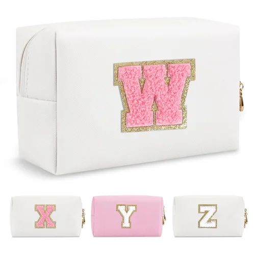Miniatura 171 de Pequeña bolsa de maquillaje personalizada con inicial A-Z Preppy Patch, bolsa de cosméticos de viaje de felpilla blanca con cremallera, bonita bolsa