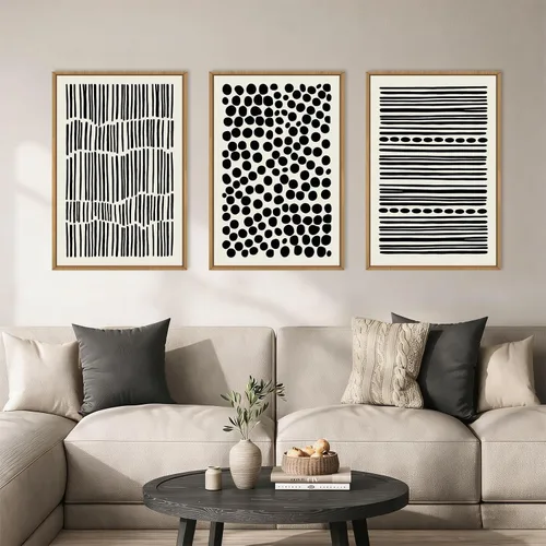 KAIRNE Juego de 3 lienzos enmarcados bohemios en blanco y negro para pared, decoración de pared de líneas geométricas minimalistas, pintura