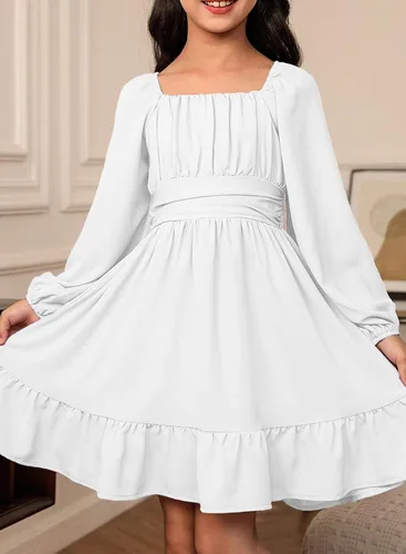 Miniatura 2 de blibean - Vestido de manga larga con lazo en la espalda para niñas y preadolescentes, vestido de otoño con hombros descubiertos, tallas para 6-15