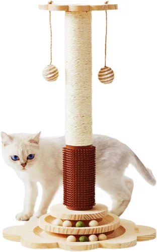 Miniatura 8 de Poste rascador para gatos para gatitos, juguete rascador de madera 4 en 1, poste rascador de 17.7 pulgadas de alto con 2 bolas de pista para gatos