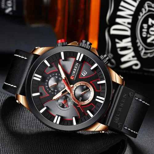 Miniatura 4 de CURREN Relojes de lujo para hombre, cronógrafo de lujo, esfera grande, reloj de pulsera de cuero, impermeable, deportivo, militar, militar, Negro