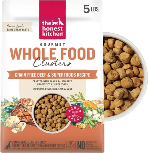 The Honest Kitchen Alimento seco para perros en racimos de alimentos integrales de grado humano, carne de res sin cereales, bolsa de 5 libras