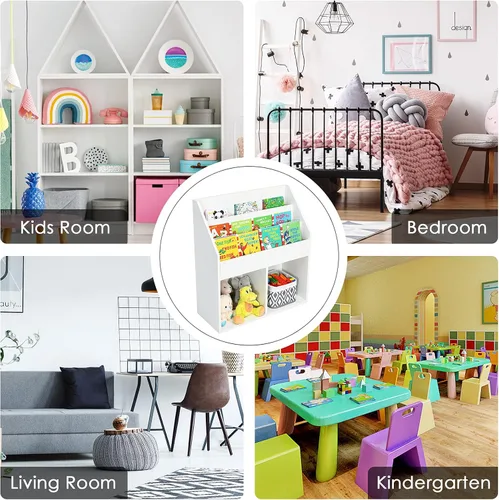Miniatura 6 de KOTEK Estantería para niños con organizador de almacenamiento de juguetes, estantería para niños con estante de libros de 3 niveles y 2 cubos