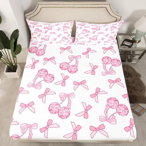 Miniatura 36 de Sábana bajera con lazo azul tamaño individual, juego de ropa de cama de princesa con cerezas, estrellas y flores margaritas de dibujos animados