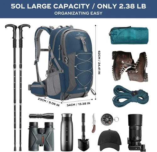 Miniatura 2 de Mochila Maelstrom para senderismo, mochila para campamento, mochila impermeable de 50L con cubierta para la lluvia, mochila ligera de viaje, azul