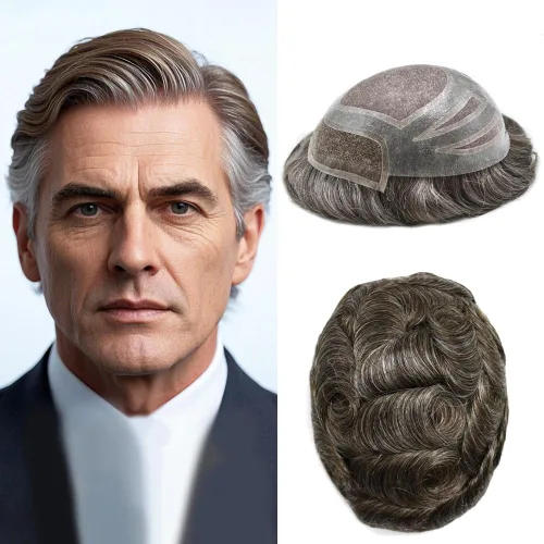 Miniatura 16 de Sistema de repuesto de piezas de cabello humano tipo tupé para hombre, transpirable, encaje francés, peluca para hombre, peluca de piel de #1B Negro