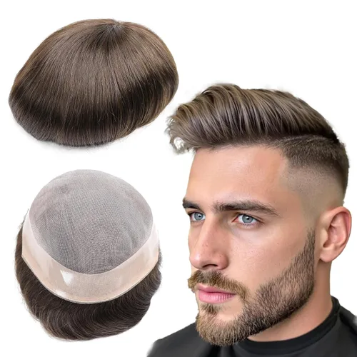 Miniatura 19 de Toupee - Sistema de reemplazo de cabello para hombres, cabello humano real, 5 x 7 pulgadas, base de encaje mono, extensión duradera para hombre