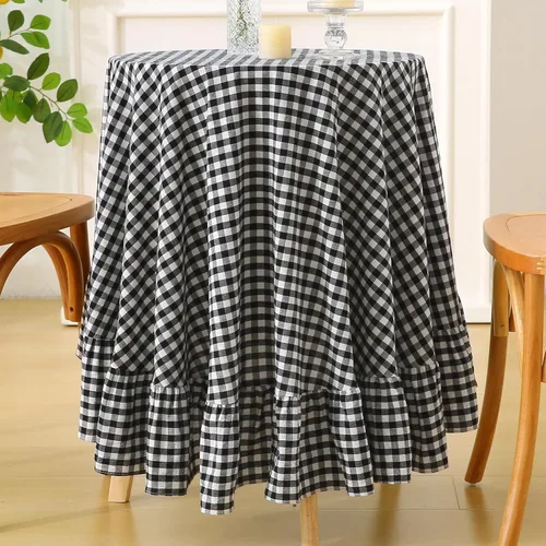 Mantel de mesa con volantes a cuadros blancos y negros para mesita de noche redonda, 100% algodón lavado, clásico a cuadros de granja, mantel