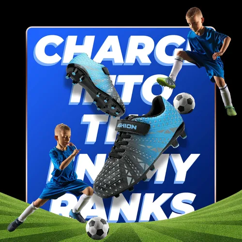 Miniatura 8 de ASHION Botines de fútbol unisex para niños y niñas, para césped firme, sin atar, zapatos de fútbol duraderos