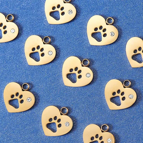 Miniatura 5 de Airssory 10 piezas de corazón de acero inoxidable chapado en oro con perro gato cachorro huella huella huella impresa mascota encantos con cristal