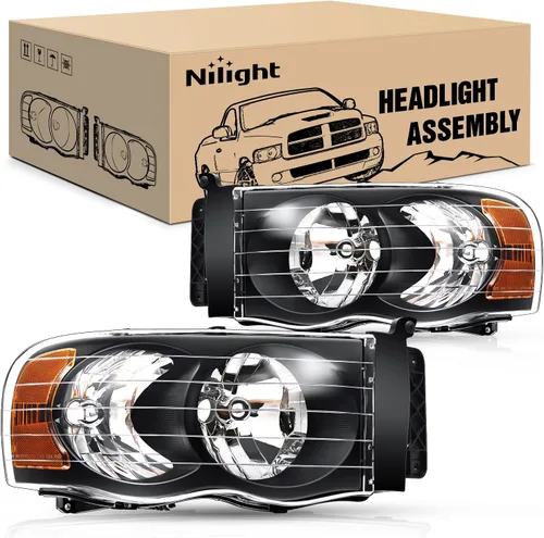 Nilight Faros para 2002 2003 2004 2005 Ram 1500 2500 3500 Camión, Juego de Montaje de Faros Conductor y Pasajero, Reemplazo de Faros, Carcasa Negra