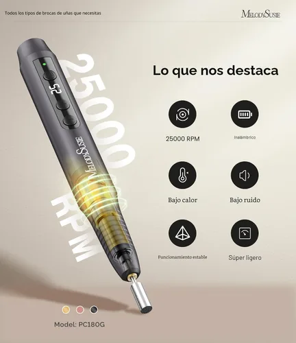 Miniatura 4 de MelodySusie PC180G - Taladro de uñas inalámbrico portátil en forma de bolígrafo, lima eléctrica recargable de 25000 RPM con pantalla LED para todo