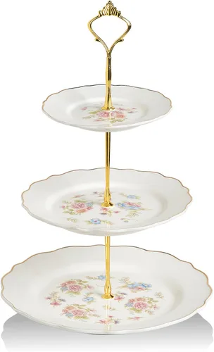 Miniatura 12 de Sweejar Soporte de cerámica para tartas de 3 niveles, soporte para postres, soporte para cupcakes, bandeja para servir pasteles de fiesta de té
