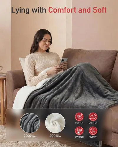 Miniatura 2 de Manta térmica, manta eléctrica de tamaño matrimonial de 72 x 84 pulgadas con apagado automático, manta de franela ultrasuave de calentamiento