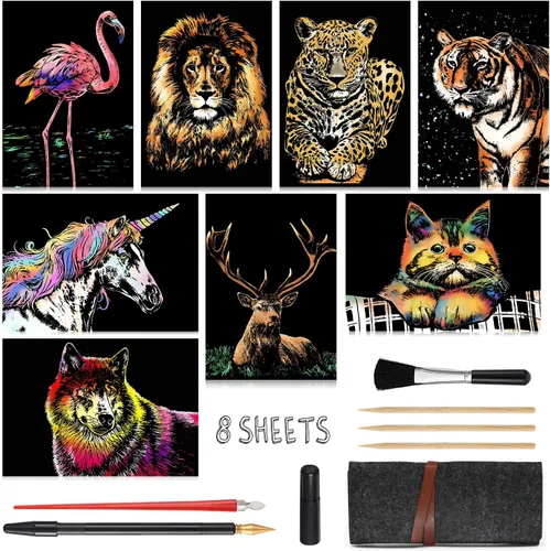 Papel de arte para rascar (A4) para adolescentes y adultos, pintura arco iris, vista nocturna, juego de manualidades, 8 hojas para raspar, Animal