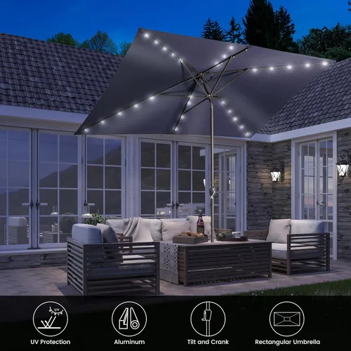 Miniatura 2 de MONDAWE Paraguas rectangular de mercado con luces LED solares de 10 x 6.5 pies para exteriores, sombrilla de patio con manivela, sombrilla de mesa