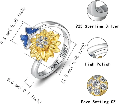 Miniatura 16 de Fidget Spinner Anxiety Rings for Women: Sterling Silver Lotus Moon Star Sunflower Ring Stress Relieving Calm Ring Jewelry Gifts for Daughter