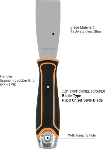 Miniatura 2 de ROLLINGDOG Cuchillo de masilla rígida de 1.5 pulgadas, herramienta raspadora de pintura de cincel de acero inoxidable para pelar papel tapiz