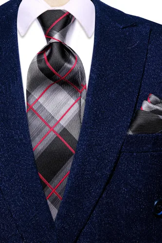 Miniatura 128 de Hi-Tie Corbata clásica de cachemira para hombre con pañuelo y gemelos a cuadros