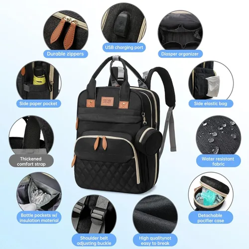 Miniatura 7 de Mochila para pañales – Bolsa de bebé grande impermeable con puerto de carga USB, cambiador y correas para cochecito – Organizador de viaje elegante