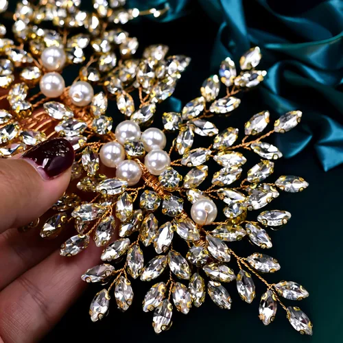 Miniatura 5 de Peine de pelo de cristal para boda, accesorios para el cabello, perlas y diamantes de imitación, peines laterales nupciales para mujeres y niñas