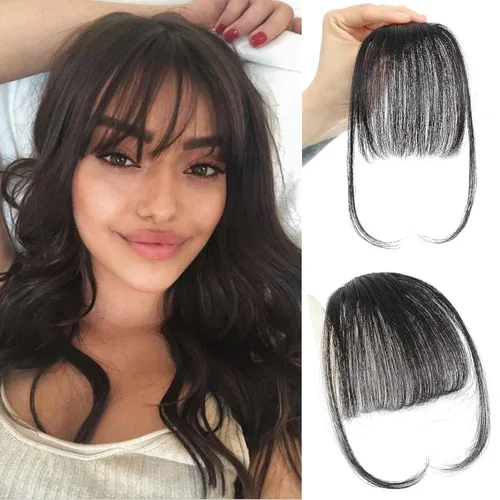 Miniatura 7 de MOCA HAIR 100 % cabello humano con clip en flequillo, color negro y marrón claro, cabello humano real para cabello natural