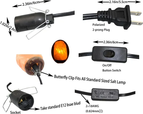 Miniatura 2 de Cable de repuesto para lámpara de sal de 6 pies con interruptor de encendido/apagado y base de candelabro E12, Negro