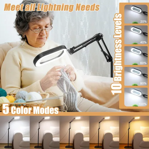 Miniatura 3 de IVMAIE Lupa 10X con luz y soporte, lámpara de pie con lupa 3 en 1 con abrazadera, 5 modos de color LED regulable lupa de pie con luz manos libres