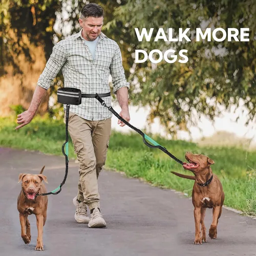 Miniatura 7 de Correa de perro manos libres con bolsa, correa doble para dos perros, elástico retráctil con asas dobles acolchadas, cintura para pasear perros, Rosa