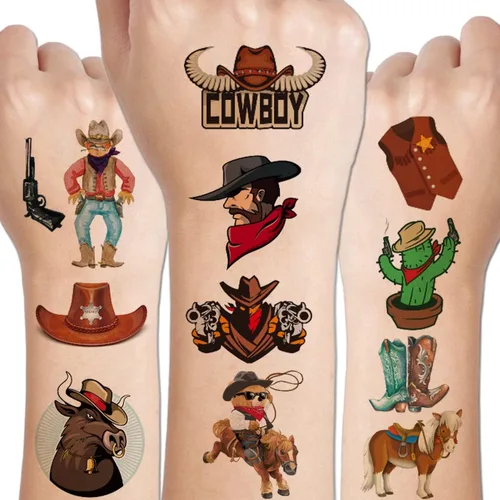 CHARLENT Tatuajes temporales de vaquero para niños, 100 tatuajes temporales de vaquero occidental para niños, regalos de fiesta de cumpleaños,