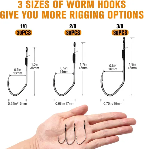 Miniatura 5 de Dovesun Weedless Worm Hooks Wacky Rig Hooks Texas Rig Hooks 30PCS Professional V Bass Fishing Hooks for Freshwater Saltwater 1/0 2/0 3/0