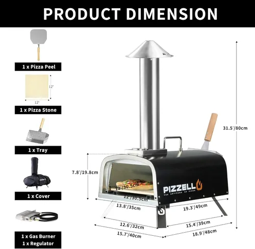 Miniatura 10 de PIZZELLO Horno de pizza para exteriores de 12 pulgadas, con propano y leña, multicombustible, con quemador de gas, bandeja de madera, piedra, Negro