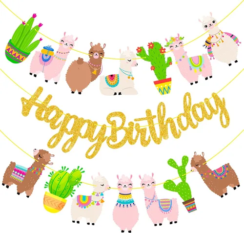 Cartel de fiesta de cactus de llama, pancarta dorada para fiesta de cumpleaños, 3 unidades, decoraciones de cartón de alpaca para fiesta de