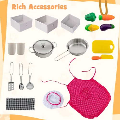Miniatura 5 de Costzon Cocina de juego de esquina, juego de cocina de madera para niños pequeños con luces y sonidos, sistema de circulación de agua, lavadora