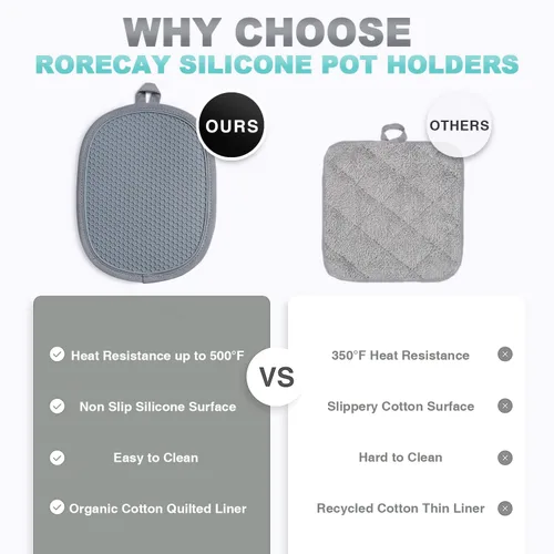 Miniatura 5 de Paquete de 2 soportes de silicona para ollas de cocina resistentes al calor hasta 500 °F, almohadillas calientes grandes antideslizantes con Gris
