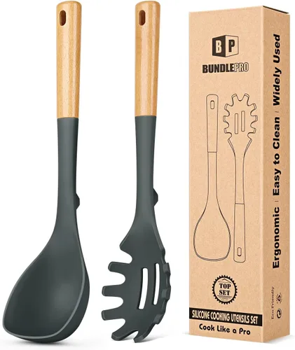 Juego de cucharón de sopa de silicona y cuchara de espagueti con mango de madera, utensilios de cocina antiadherentes resistentes al calor para Gris