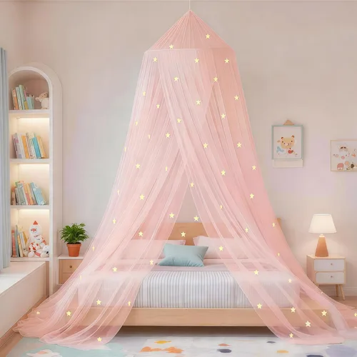 Miniatura 14 de Toldo de cama de princesa que brilla en la oscuridad, toldo de cama de copos de nieve de Navidad para decoración de habitación de niñas, tela