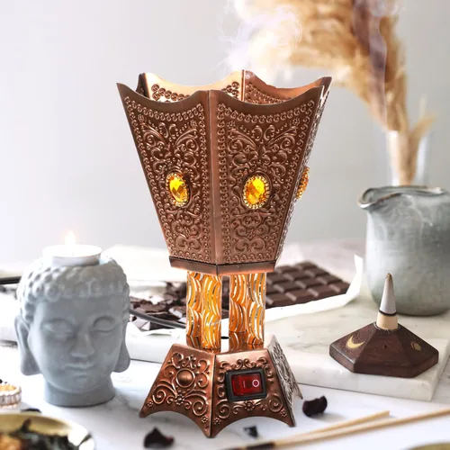 Miniatura 5 de Quemador de incienso eléctrico de metal, estilo de Oriente Medio, incensario eléctrico de mesa para el hogar, oficina, yoga, decoración de spa